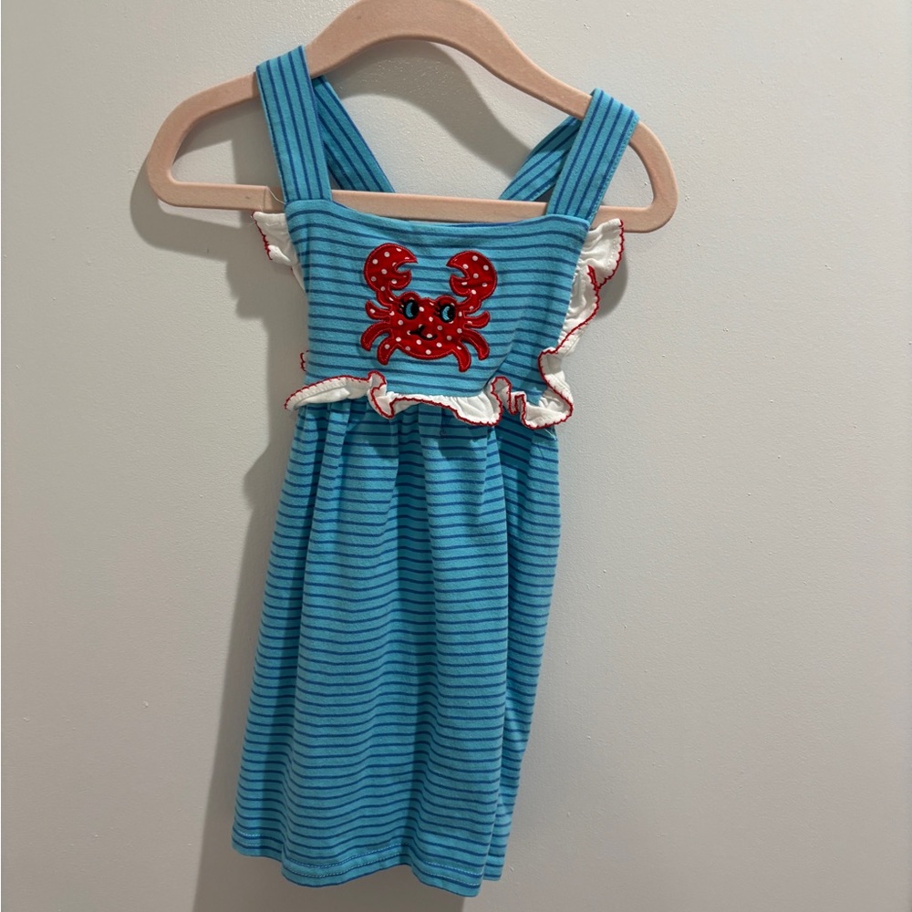 Blue Striped Kids Dress with Crab Design